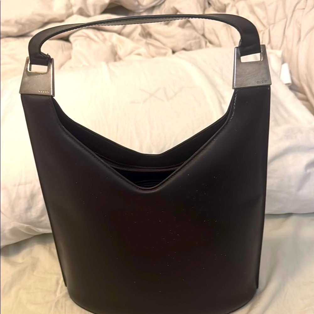Vintage Gucci Chic Black Bucket Bag with Silver Details